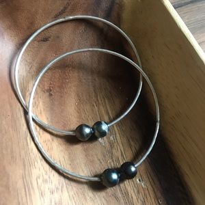 9mm Two Tahitian Pearl Fine Silver Bangle 12 gauge